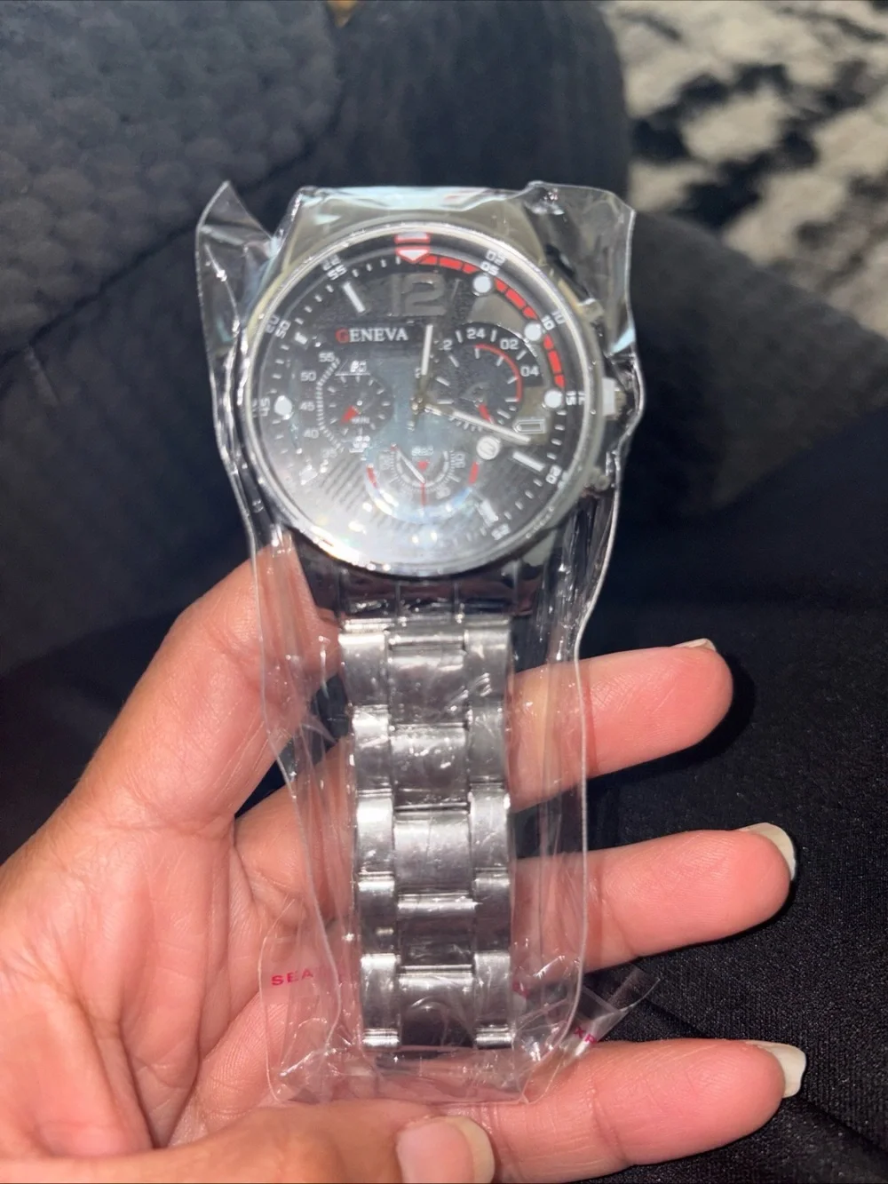 Geneva Silver Bracelet Watch with Black Dial and White Accents